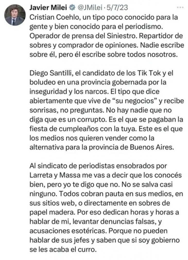 Milei contra Santilli en X