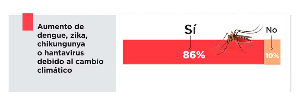 El 86% de las personas encuestadas notó un incremento de mosquitos en sus áreas, mientras que solo un 10% no percibió cambios.Observatorio Humanitario de Cruz Roja Argentina